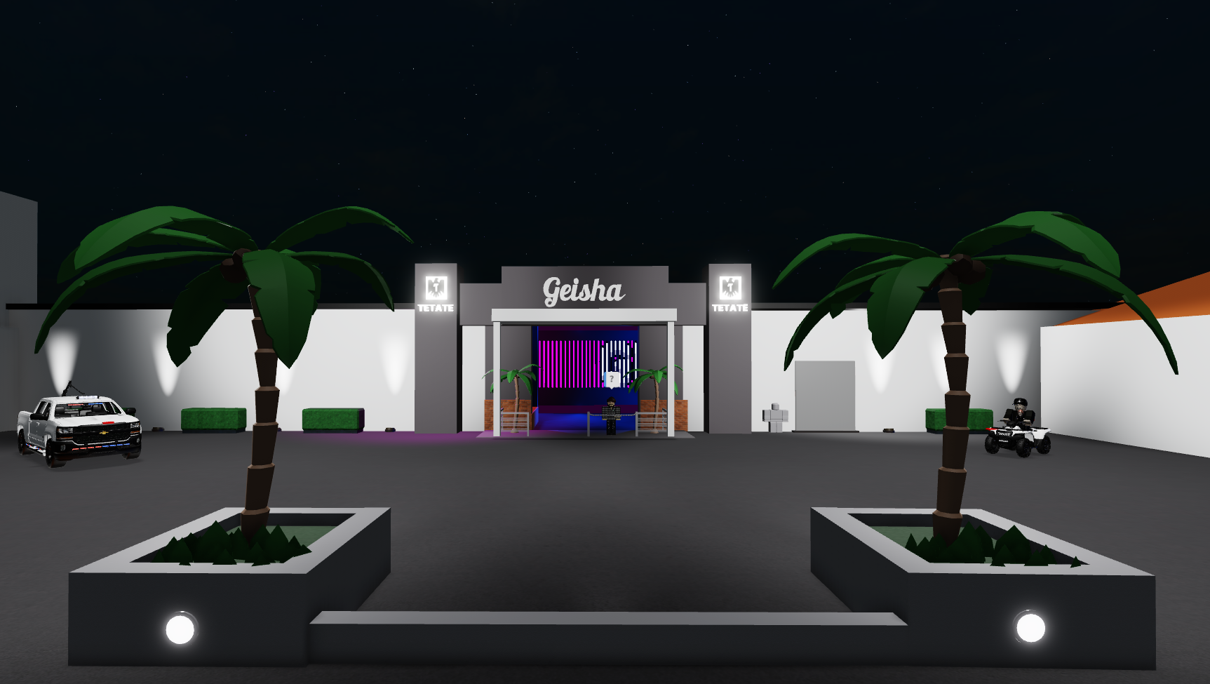 Entrada nocturna del club Geisha con palmeras