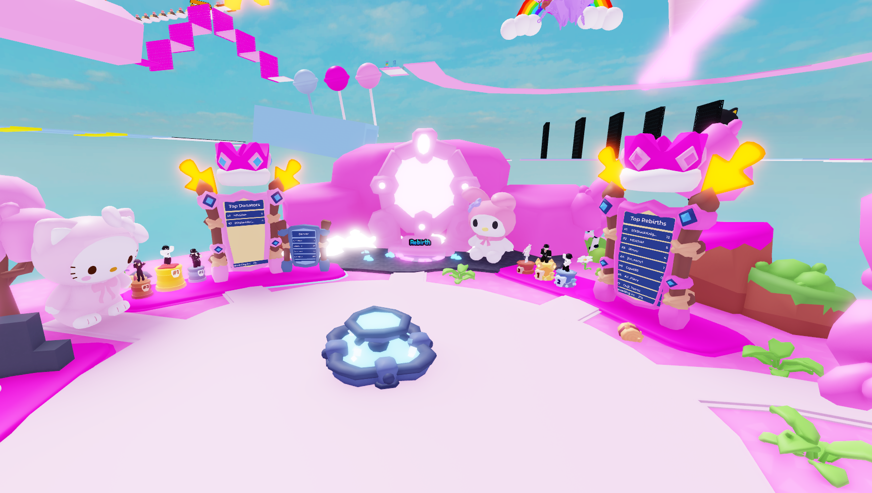 Zona de entrada rosa con portal, fuente y personajes