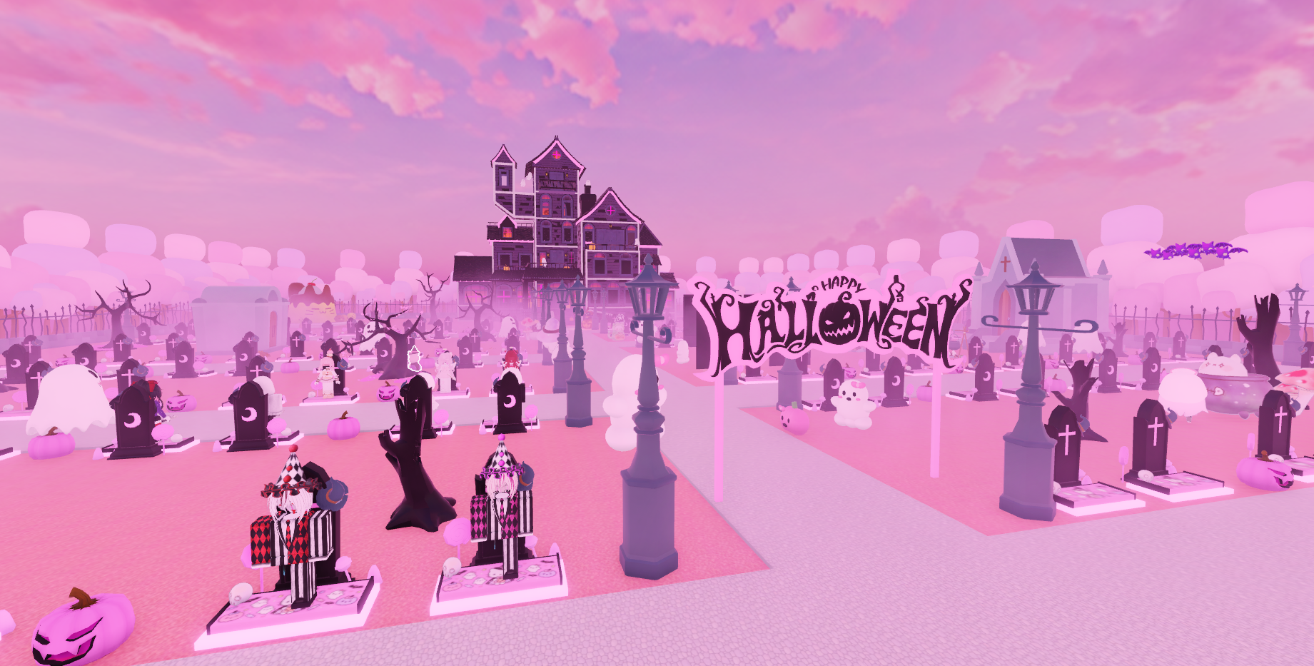 Mapa de outfits Cute Halloween con cementerio rosa y personajes