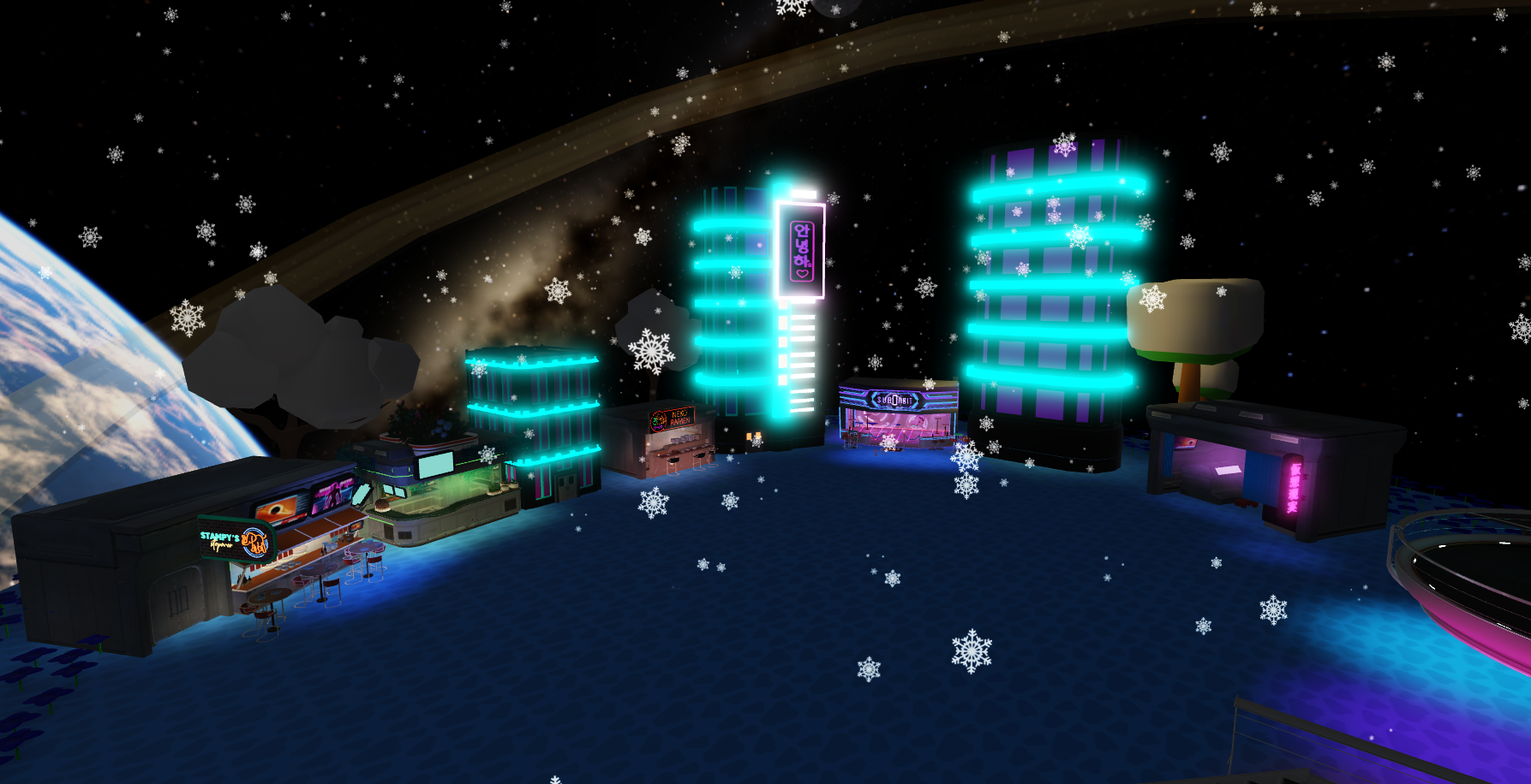 Ciudad de vibes con luces de neón y nieve