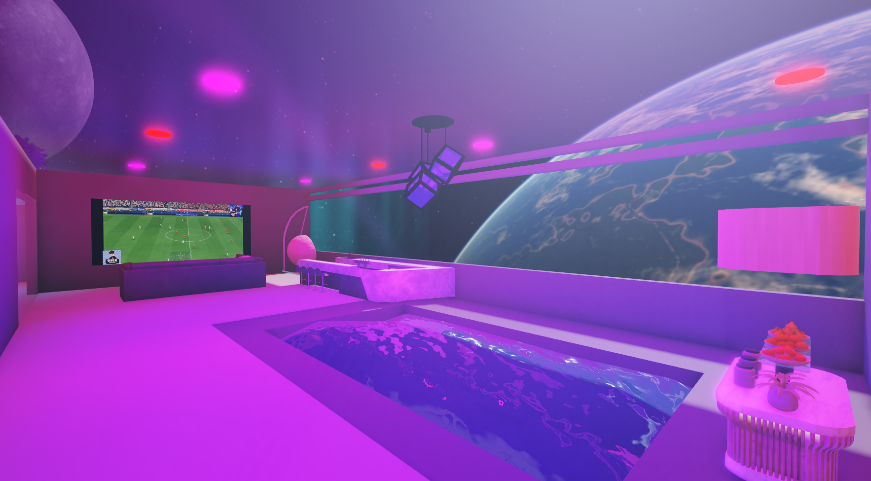 Zona de piscina iluminada en tonos violetas