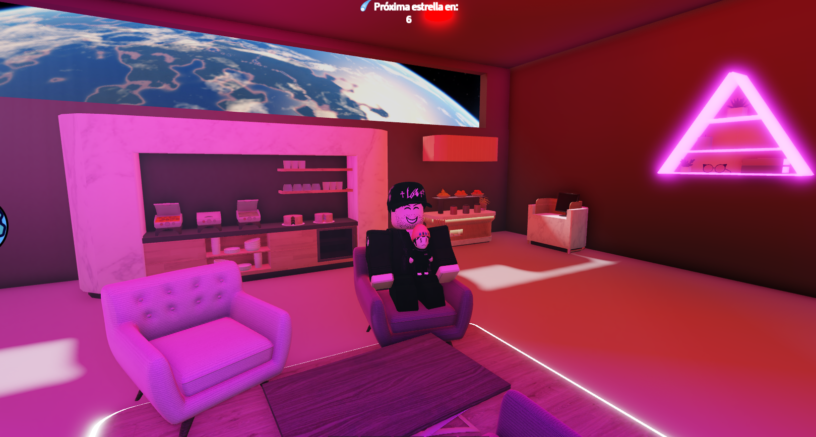 Sala de vibes con iluminación rosa y vista al espacio